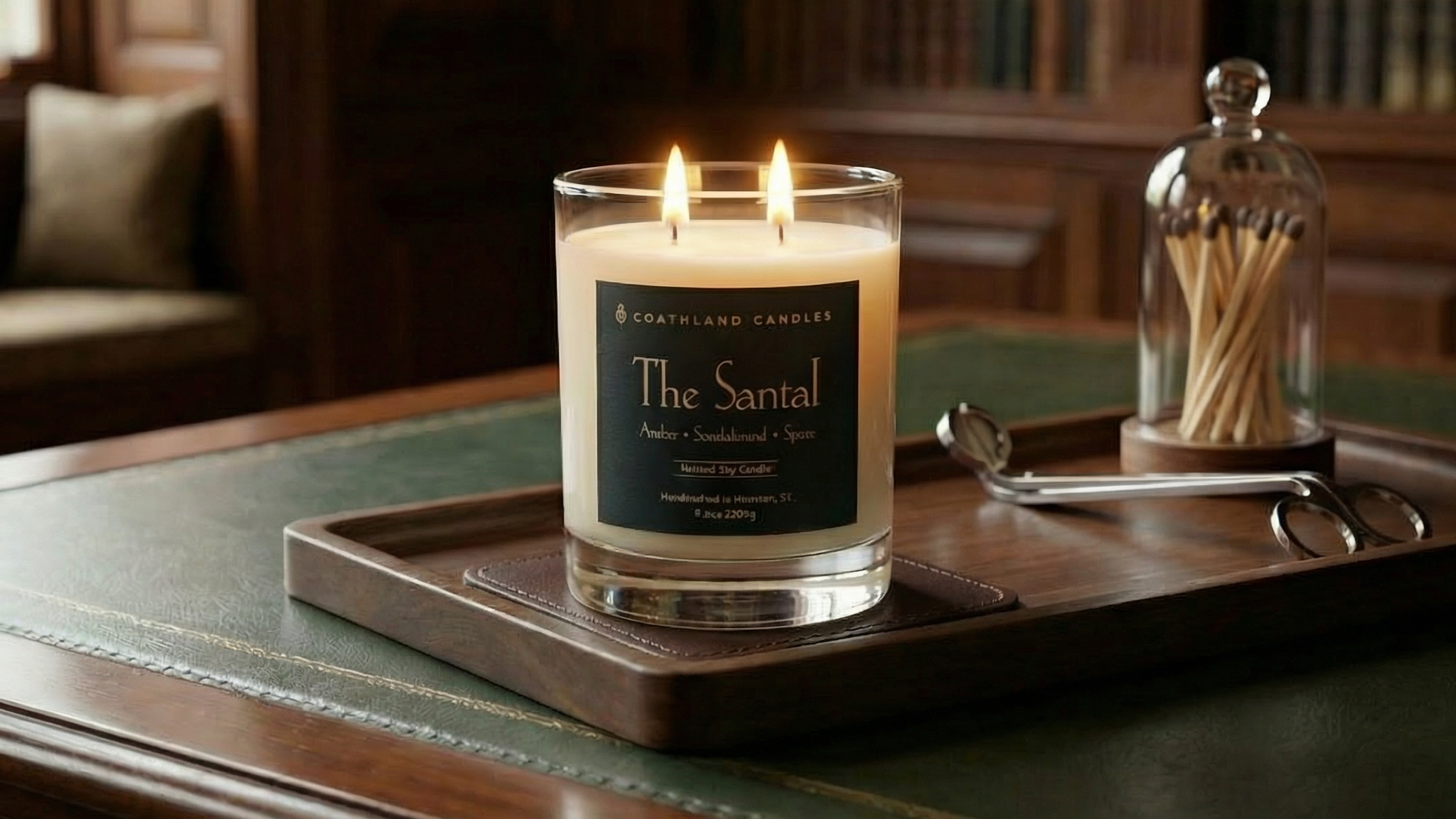 Candle called 'The Santal' on a wooden tray with a bookshelf in the background